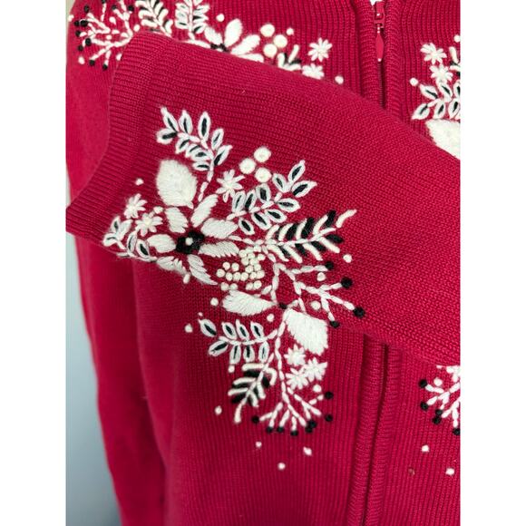 Women's Foxcroft Long Sleeve Full Zip Floral Embroidered Christmas Sweater- Sz M - Picture 5 of 6